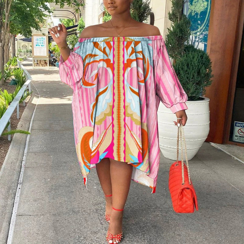 ZARA New In Pink Off Shoulder Printed Midi Dress Long Sleeve Loose